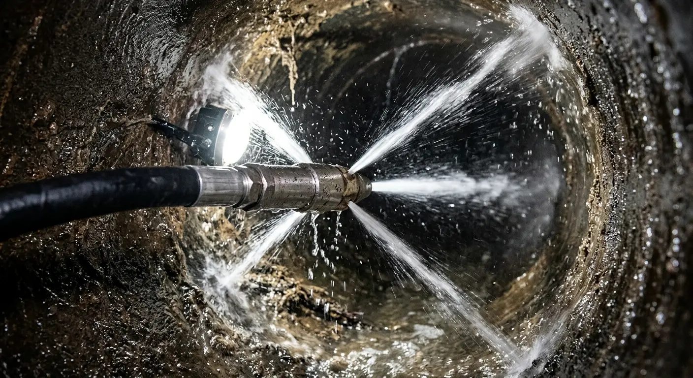 High-pressure hydro jetting nozzle cleaning sewer pipe for Sewer Line Relining in Jerseyville