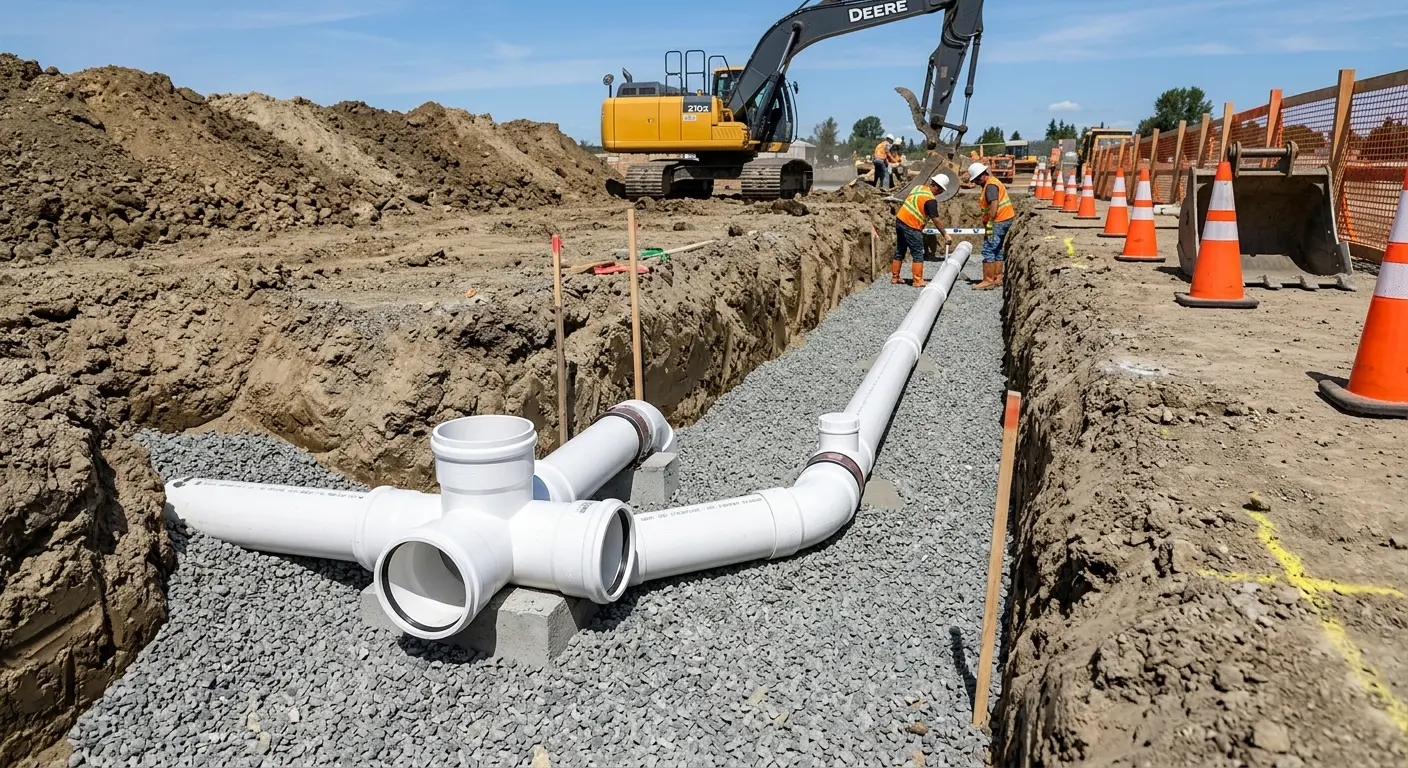 New PVC sewer pipe installation in open trench for Commercial Drain Cleaning in Jerseyville