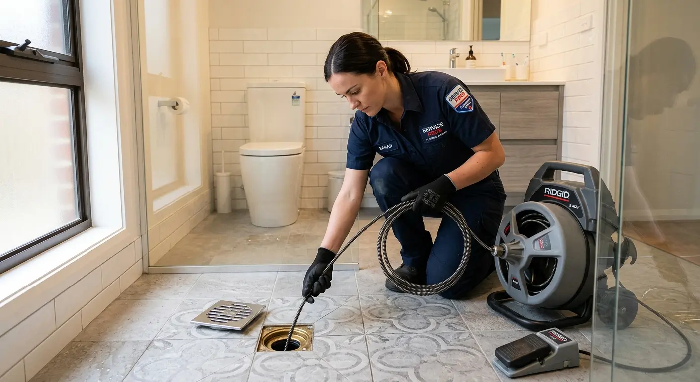 Technician clearing a bathroom floor drain for Hydro Jetting in Jerseyville